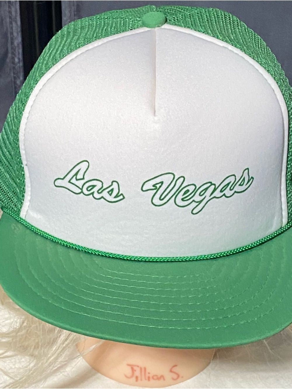 VTG 80s 90s Las Vegas Mesh Trucker Snapback Hat Cap Green Script Lettering OS